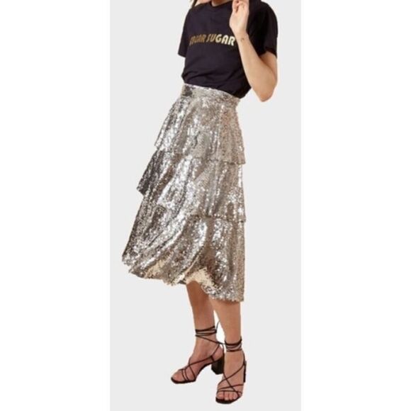 FRNCH Paris Evaleen Sequin Tiered Midi Skirt Sz. S - Picture 1 of 8
